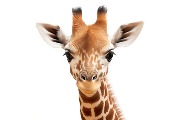 Young giraffe close-up portrait on white isolated background. Safari cute animal baby portrait. Generative AI illustration