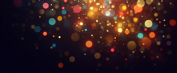 Multicolor bokeh, raining light, blurry lights, blurry background, rainbow confettis on a black background, colorful, night lights, city lights, haze, depth of field, round bokeh, circle bokeh