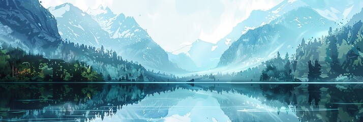 A painting depicting a majestic mountain lake nestled among towering trees. Generative AI