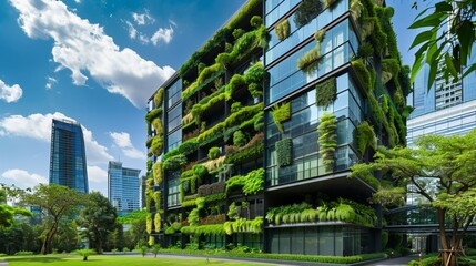green plants and garden on modern glass skyscraper office building, nature and contemporary architecture, balance and harmony of environment and human, sustainability of ecosystem