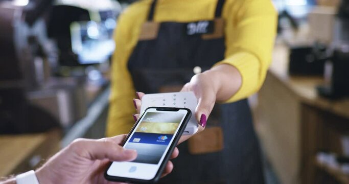 Barista Handing Payment Terminal Customer Uses Crypto Currency To Pay Future Payment Methods Consumerism Red Epic 8k