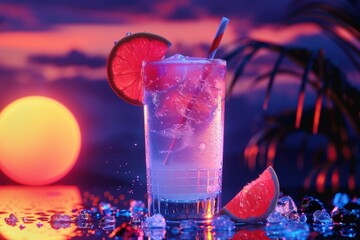 Margarita cocktail with orange slice garnish on background of palm leaves. Retrowave, synthwave style. Alcoholic drink for neon summer party. Refreshing beverage concept. Banner with copy space