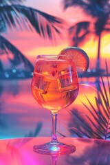 Gin and Tonic cocktail with lime on background of beach and palm leaves. Retrowave, synthwave style. Alcoholic drink for neon summer party. Refreshing beverage concept. Design for banner, poster