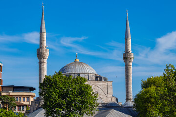 The magnificent view of the historic Uskudar Mihrimah Sultan Mosque located in the Bosphorus.