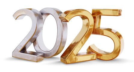 2025 golden symbol metallic glossy isolated, small groundshadows, 3d-illustration as new year symbol or luxury and better changes