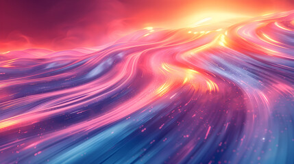 Obraz premium Colorful vibrant neon light stripes and dots, luminous lighttail stripes on a dark moody background, futuristic design, modern light art