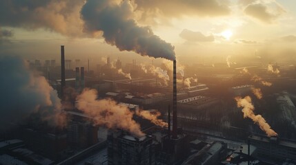 aerial view of heavy industry factory with smokestacks, chimneys and pipe, air and environment pollution, smoke stack and smog over industrial chemical plant