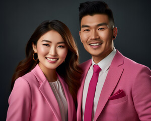Professional studio photo of an Asian woman and man smiling together