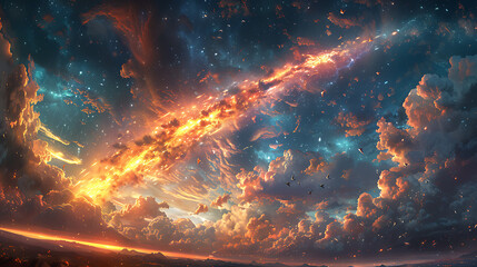 illustration of celestial phenomenon known comet blazing trail glowing tail cosmic dust clouds painting night sky celestial ballet of light motion captivates imagination inspires wonder all who behold