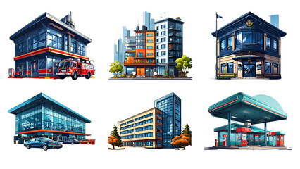 Collection of building illustrations with transparent background; fire station, police station, gas station, auto center, condo, mansion, apartment