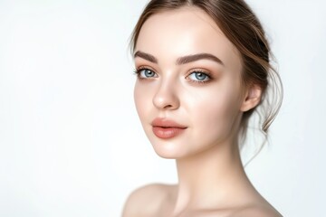 Naklejka premium close up face portrait of young pretty Caucasian woman with bright flawless skin, beauty cosmetic or skincare fashion portrait with copy space isolated on white background,