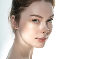 Fototapeta premium close up face portrait of young pretty Caucasian woman with bright flawless skin sunlight, light play, beauty cosmetic , skincare, sunscreen fashion portrait ,copy space isolated white background