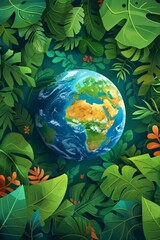 Naklejka premium illustration of planet Earth globe in green leaves, responsible consumption and resources sustainability, balance of ecology and harmony with environment concept