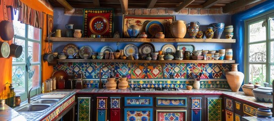 Naklejka premium An Indian-inspired ethnic kitchen interior, showcasing lively patterns and colorful textiles that create a dynamic visual impact