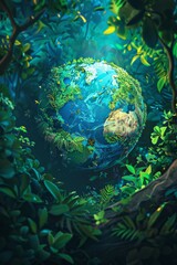 illustration of planet Earth globe in green leaves, responsible consumption and resources sustainability, balance of ecology and harmony with environment concept