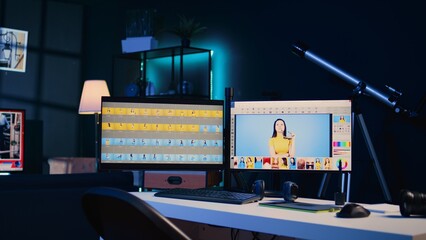 Photo processing software interface on computer screens in creative agency studio, zoom out shot. Image editing application UI displayed on multi monitors PC setup in multimedia workspace