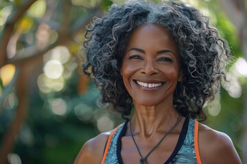 An image of a joyful African American woman over 50 years old engaged in physical exercise. She is...