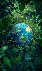 illustration of planet Earth globe in green leaves, responsible consumption and resources sustainability, balance of ecology and harmony with environment concept