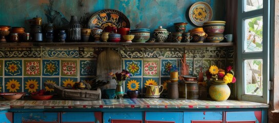 Fototapeta premium Ethnic kitchen interior inspired by India, with a focus on vibrant patterns, colorful textiles that bring energy and liveliness