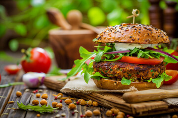 A gourmet vegan burger with a plant-based patty, fresh vegetables, and a sesame seed bun, presented...