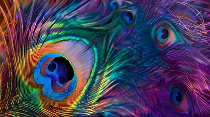 Obraz premium Beautiful peacock tail feathers. Close up of peacock feathers. Advertising banner. Banner ad template. Copy space.
