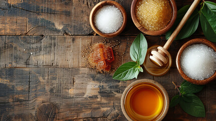 Various types of natural sugar and honey on rustic wooden table - Powered by Adobe
