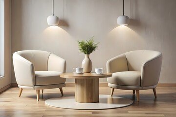 Smooth-edged armchairs and round coffee table, generative ai