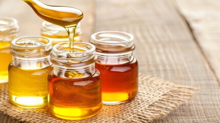 Various types of honey in glass jars on wooden table