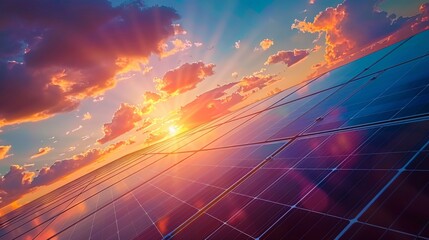 Stunning sunset over solar panels emphasizing renewable energy