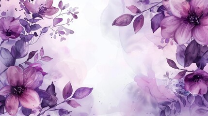 Soft floral watercolor background with purple blooming flowers