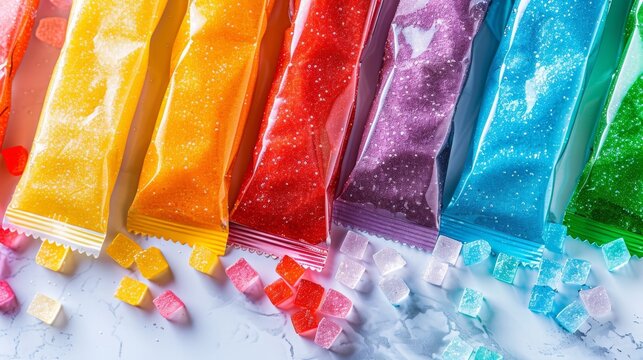 Colorful frozen ice pops with candy on a textured surface