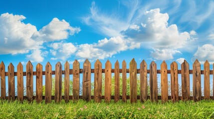 Obraz premium Wooden fence on a green meadow against clear blue sky