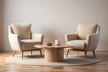 Modern beige armchairs and table for a stylish living space, generative ai