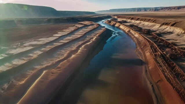 Aerial View of River Flowing Through Desert