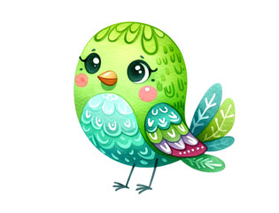 Cartoon bird green-headed tanager. Computer graphics under watercolor