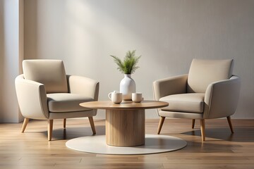 Modern minimalist armchairs and round coffee table set, generative ai