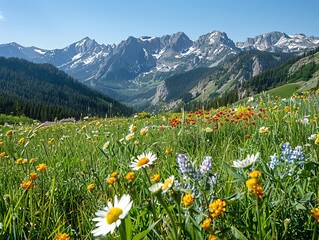 Expansive national park with rolling green meadows, wildflowers in bloom, and a backdrop of majestic mountain peaks under a clear blue sky
