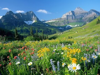 Expansive national park with rolling green meadows, wildflowers in bloom, and a backdrop of majestic mountain peaks under a clear blue sky