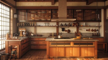 Ethnic kitchen design infused with Japanese minimalist elements, including bamboo details that bring a sense of nature indoors