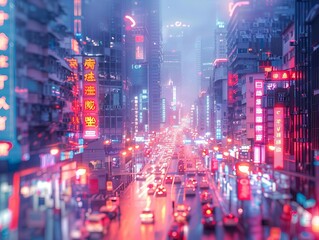 Fototapeta premium Futuristic urban skyline with sleek, modern skyscrapers and innovative architectural designs, bustling city streets filled with neon lights and activity