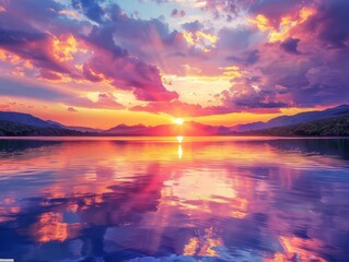 Golden sunset over a serene lake, dramatic clouds illuminated in various shades of red and purple, peaceful water mirroring the sky