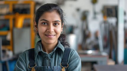  indian woman wearing overalls in the background there is an engineering workshop, she looks at camera and smiles