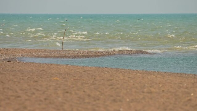Slow motion view towards the southernmost point in mainland Canada during warm joy summer, beach located at Point Pelee National Park in Ontario. Pebble beach at tip, panoramic view, lake Erie.