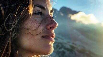 A happy woman smiles in a closeup with a beautiful mountain landscape in the background. She enjoys leisure and recreation while traveling in the natural landscape AIG50