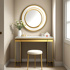 bedroom beige dressing cream vanity twig gold storage luxury glass table sunlight modern vase minimal wall beauty drawer cosmetic Empty mirror handle