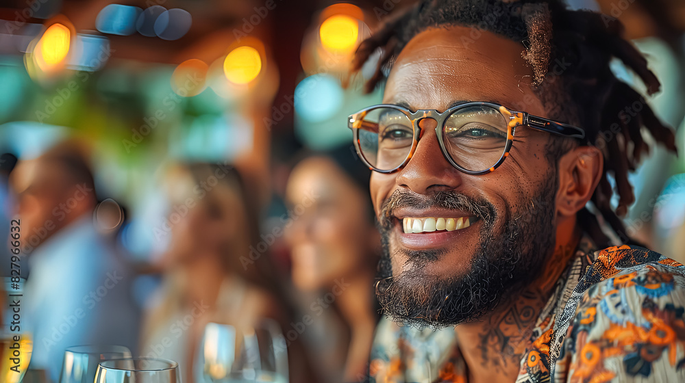 Poster a man with glasses and a beard is smiling at the camera. he is surrounded by other people, some of w