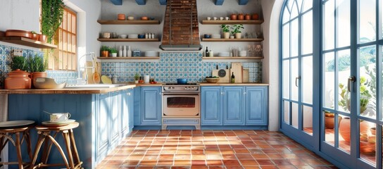Ethnic-inspired kitchen design featuring a soothing Mediterranean blue and white color scheme, with intricate blue tiles adding a touch of elegance to the space