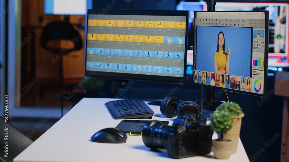 Aufkleber creative agency studio desk with photo processing software interface on computer screens, graphic ta