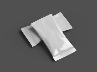 3D packaging render of pillow food snack bag isolated on a dark background.