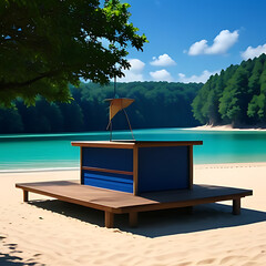 blue podium sky background trees vacation Wooden beach poduim summer dais sand product racked sea display wood platform island water table banner nature kitchen lagoon bay beauty